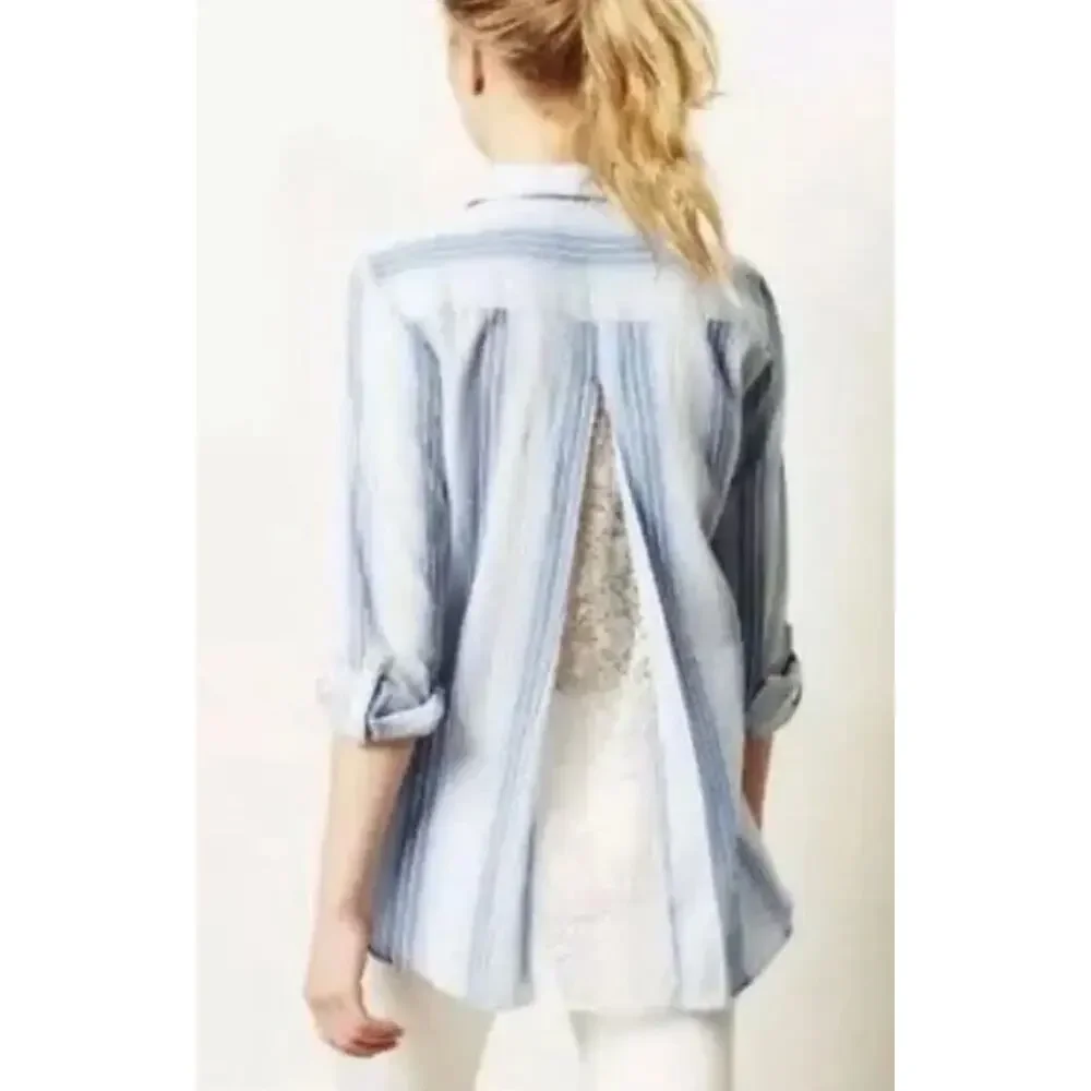 Anthropologie Isabella Sinclair Blue Striped Lace Inset Shirt Medium - Picture 2 of 10